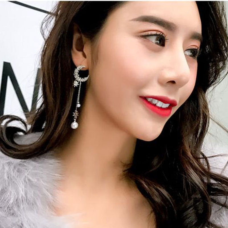 Zircon eight-star earrings Pearl tassels