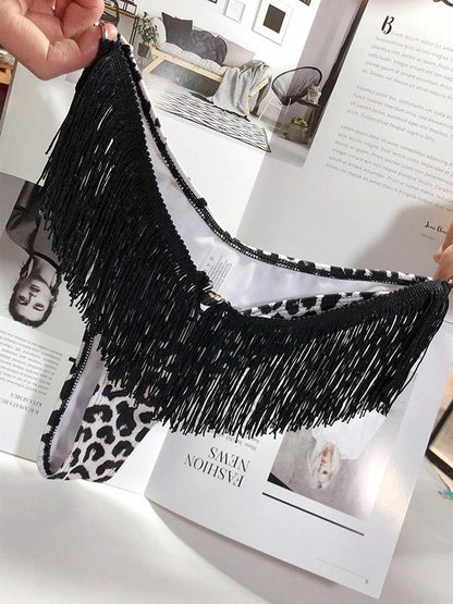 Strapless Tassels Leopard Print Bikini Swimsuit