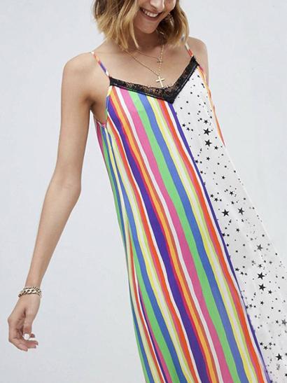 Striped Lace Spaghetti-neck Midi Dress