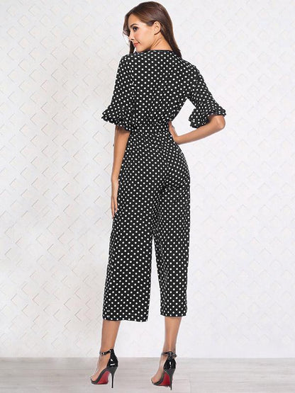 Printed Belted V-neck Half Sleeves Jumpsuit