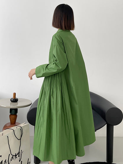 Simple Solid Color Pleated Stand Collar Midi Dress