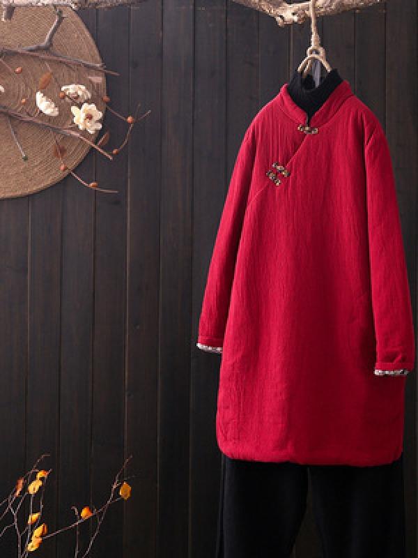 Vintage Slanting Buckle Long Cotton Coat