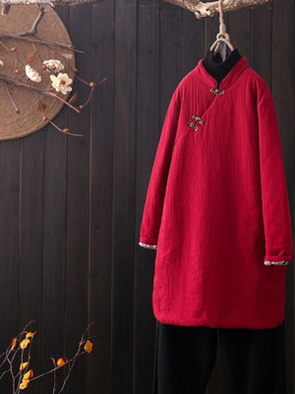 Vintage Slanting Buckle Long Cotton Coat
