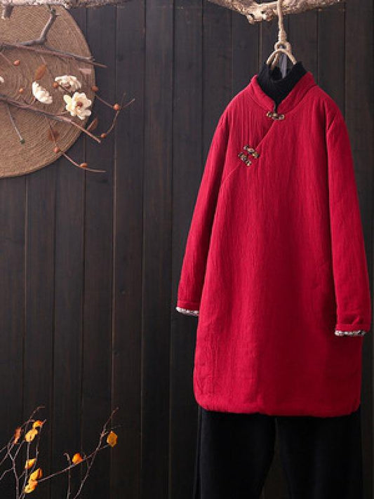 Vintage Slanting Buckle Long Cotton Coat
