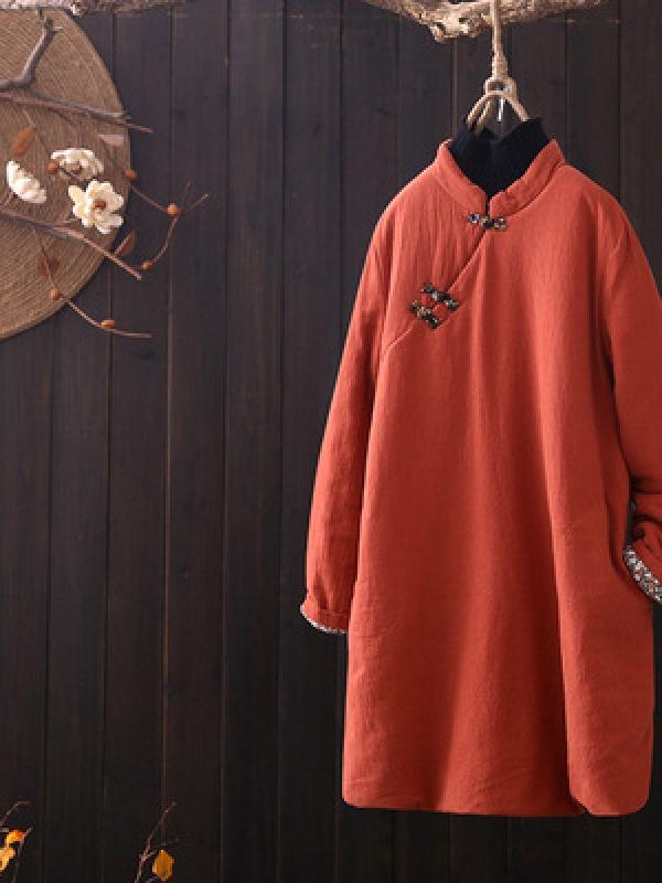 Vintage Slanting Buckle Long Cotton Coat