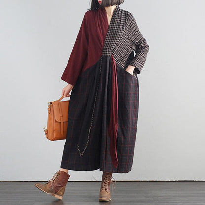 Buykud Cross Splicing Plaid Lacing Retro Casual Dress