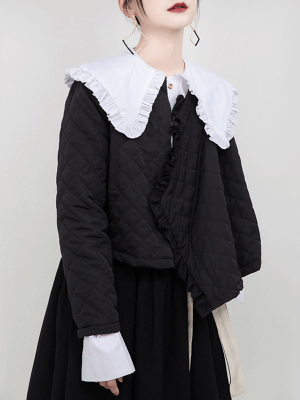 Original Black Asymmetric Rhombic Vintage Cotton-Padded Coat