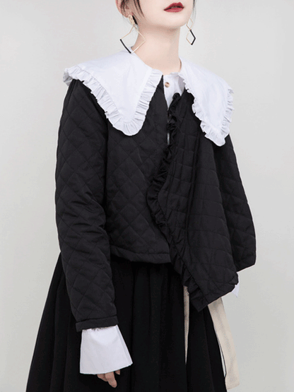 Original Black Asymmetric Rhombic Vintage Cotton-Padded Coat