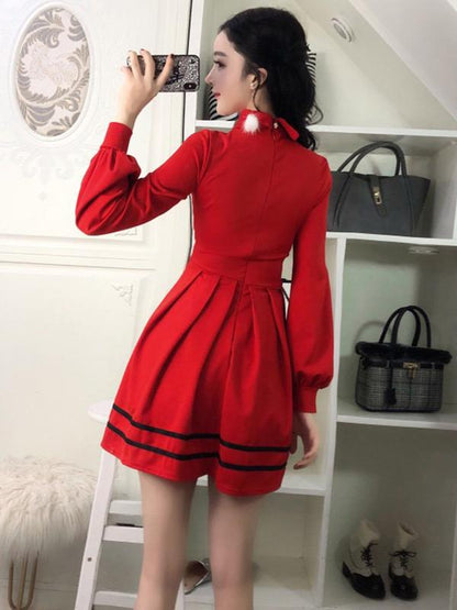 Sexy Long Sleeve Waist Pleated Lapel Dress