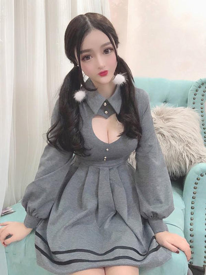 Sexy Long Sleeve Waist Pleated Lapel Dress