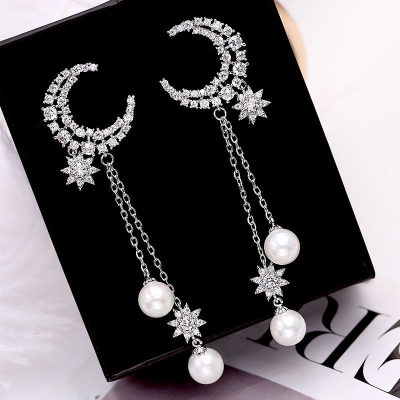 Zircon eight-star earrings Pearl tassels