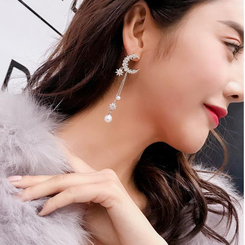 Zircon eight-star earrings Pearl tassels