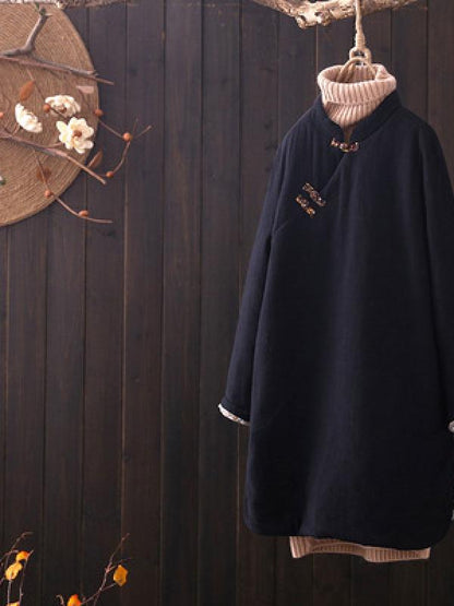 Vintage Slanting Buckle Long Cotton Coat