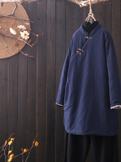 Vintage Slanting Buckle Long Cotton Coat