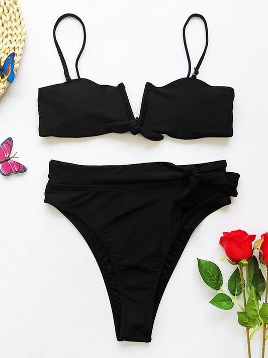 V-Neck Knotted Split Bikini Swimsuit