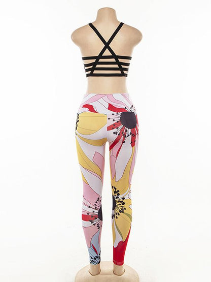 Printed Back Bandage Tanks And Wide Waistband Leggings Suits