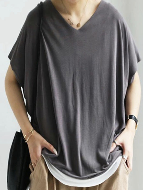 Simple Solid Color Batwing Sleeves V-Neck Shirts