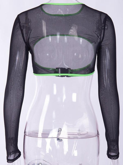 Long Sleeves Hollow See-through Mesh T-Shirts Tops