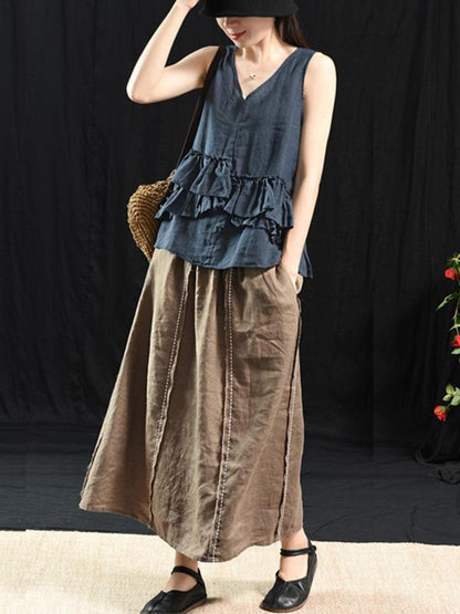 Casual Linen Cropped Long Skirt