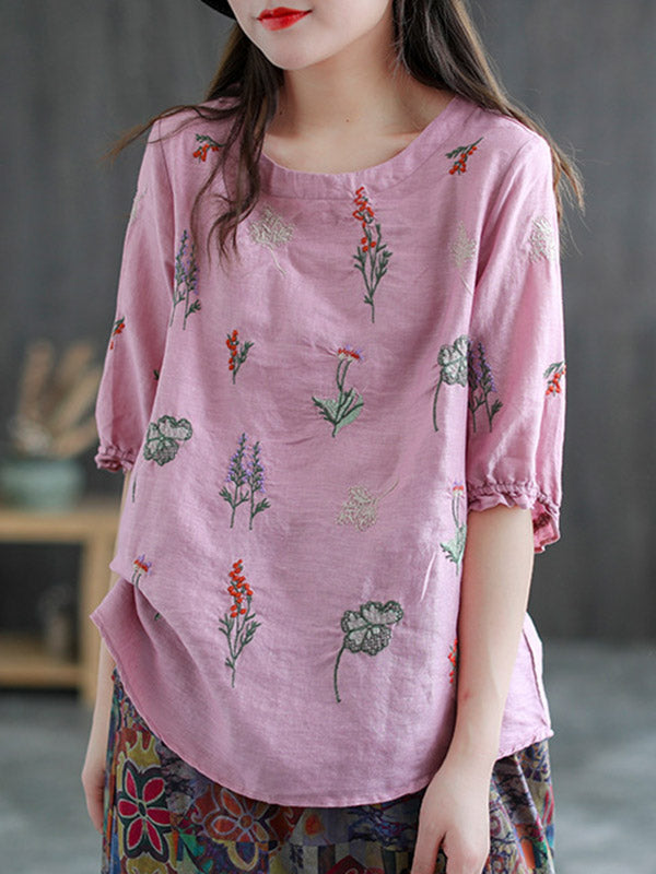 Ramie Cotton Embroidered Round-Neck Short Sleeve T-Shirts Tops