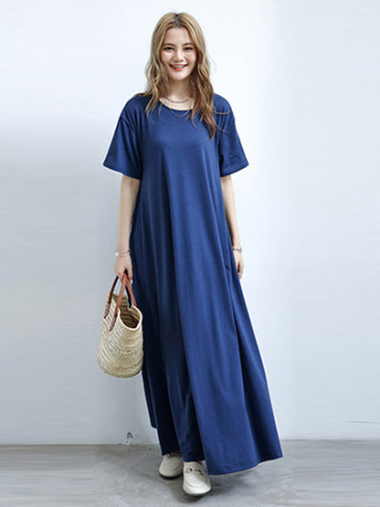 Simple Solid Color Oversized A-Line Round-Neck Short Sleeves Maxi Dress