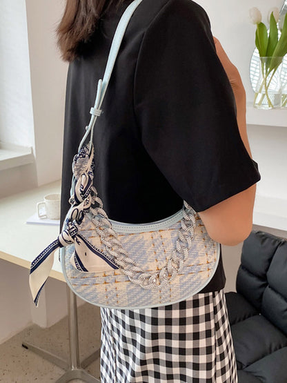 Original Chic Plaid With Chain&Scarf Zipper Canvas Shoulder Bag