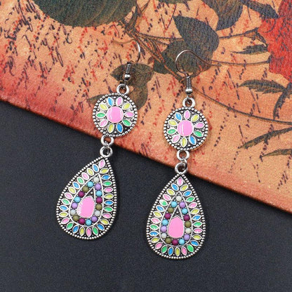 6 color Bohemian ethnic fashion drop-shaped alloy pendant earrings