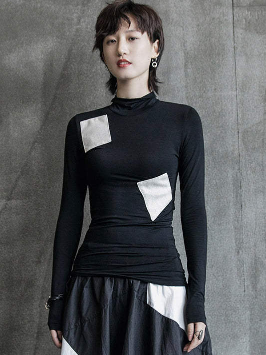 Casual Contrast Color Split-Joint High-Neck Long Sleeves T-Shirt Tops