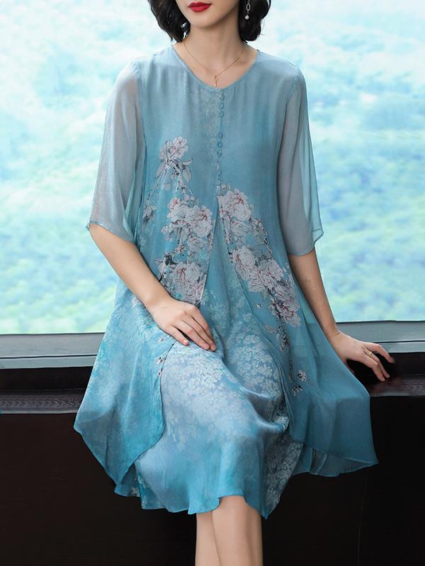 Silk Printed Round-neck Short Dress