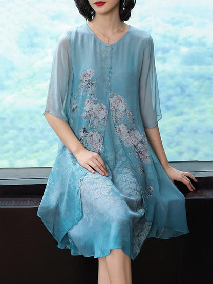 Silk Printed Round-neck Short Dress