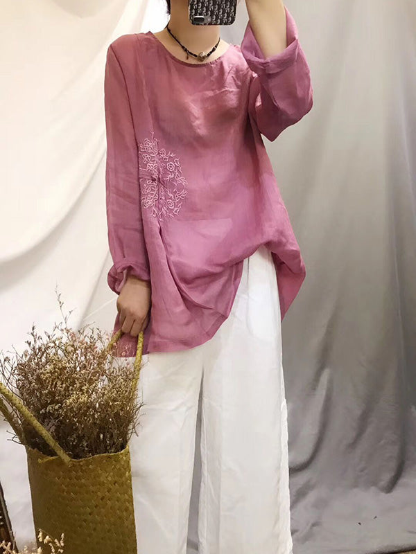 Vintage Ramie Cotton Embroidered Round-Neck T-Shirt Tops