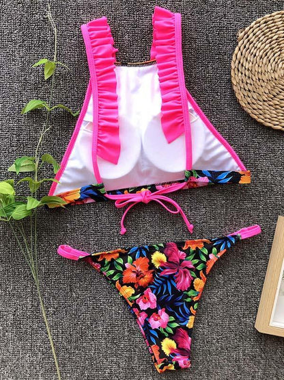 Floral Printed Falbala Bikinis Swimwear