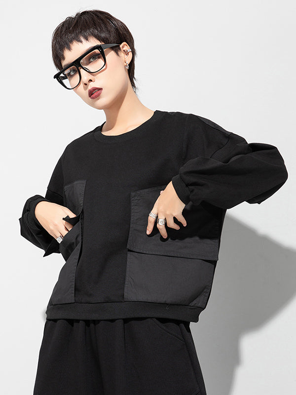 Casual Black Split-Joint Big Pocket Long Sleeves Round-Neck T-Shirt