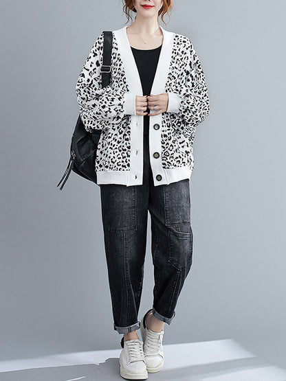 Original Leopard Buttoned V-Neck Long Sleeves Outwear