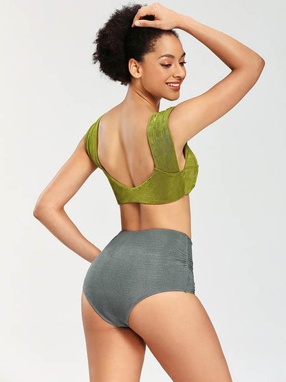 Solid Color Deep V-Neck Split Bikini Swimsuit