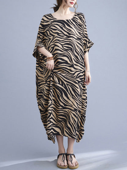 Original Zebra-Stripe Round-Neck Batwing Sleeve Midi Dress