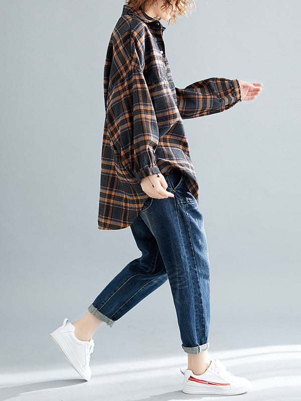 Artistic Retro Plaid Buttoned Lapel Collar Long Sleeves Blouse