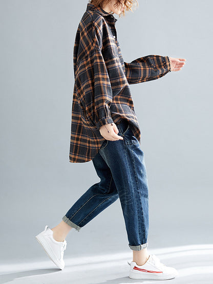 Artistic Retro Plaid Buttoned Lapel Collar Long Sleeves Blouse