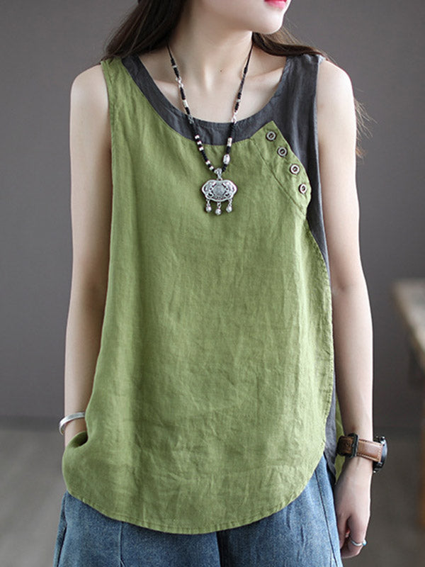 Leisure Split-Joint Linen Contrast Color Round-Neck Vest