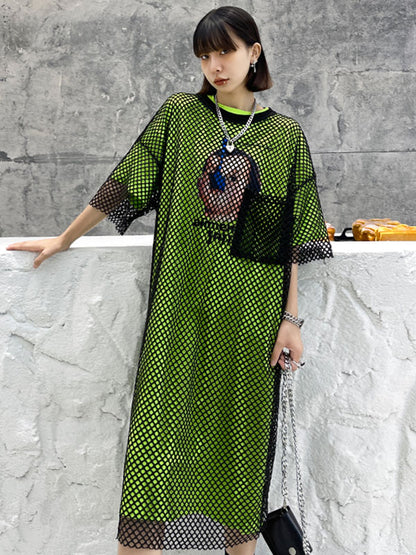 Stylish Hollow Mesh H-Line Short Sleeves Round-Neck Midi Dress