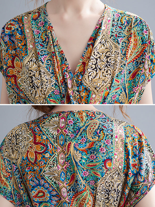 Original Artistic Retro Loose Floral Printed Vacation Midi Dress