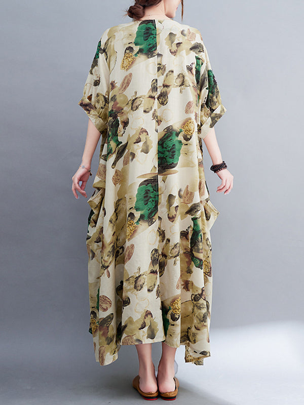 Artistic Retro Loose Floral Printed Ramie Cotton Midi Dress