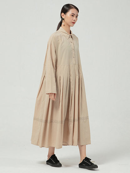 Casual Solid Color Buttoned Pleated Lapel Collar Long Sleeves Midi Dress