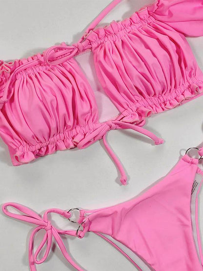 Solid Color Ruffled Short Sleeve Bandage Split Bikini Swimsuit