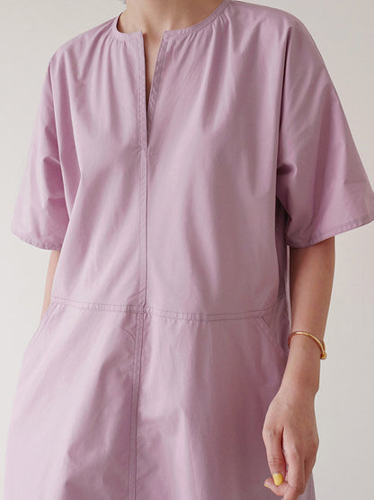 Casual Loose Solid Color Pleated V-Neck Half Sleeves Midi Dress