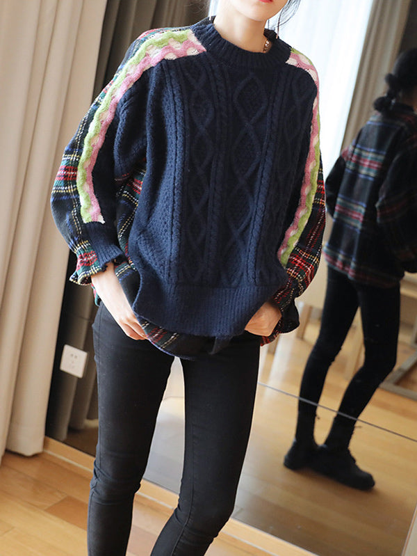 False Two Pullover Plaid Knitwear Splicing Sweater