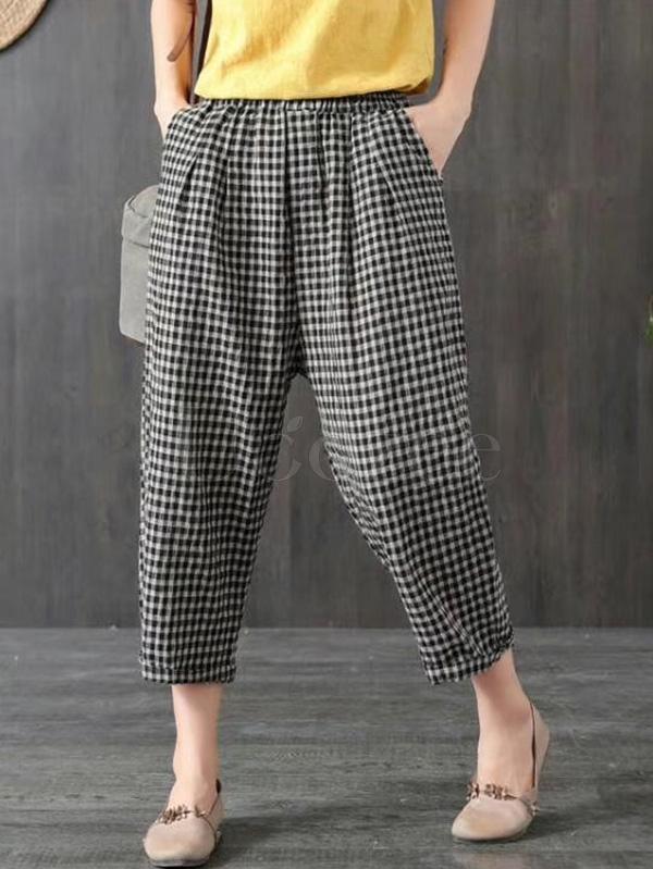 Vintage Ramie Cotton Plaid Capri Harem Pants