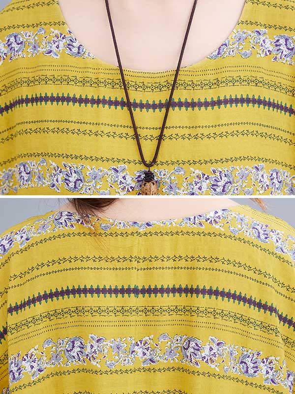 Vintage Striped Printed Round-Neck Short Sleeves Midi Dress