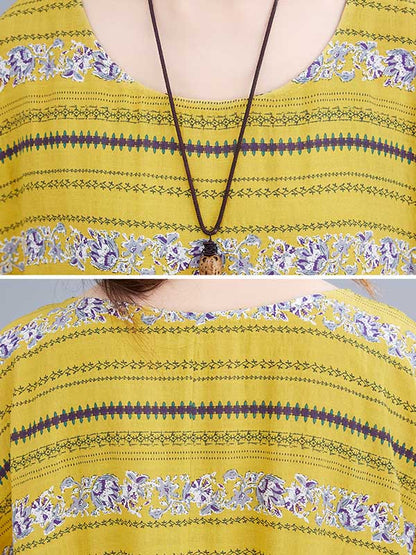 Vintage Striped Printed Round-Neck Short Sleeves Midi Dress