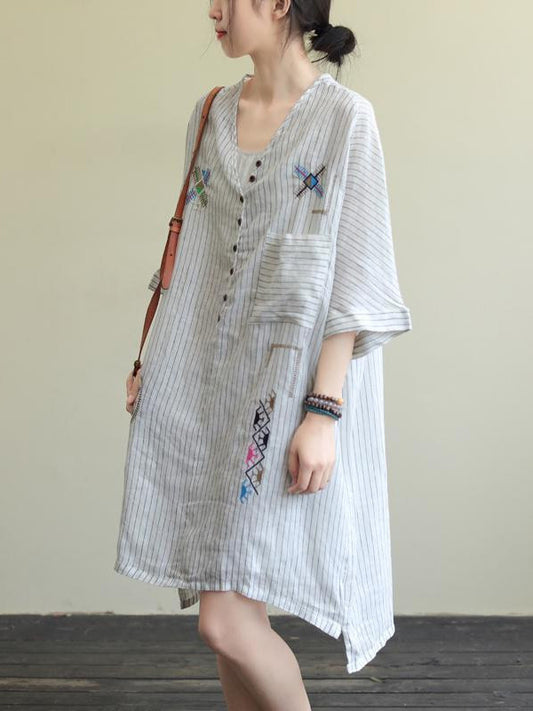 Cotton Blend Embroidered V-Neck Striped Mini Dress